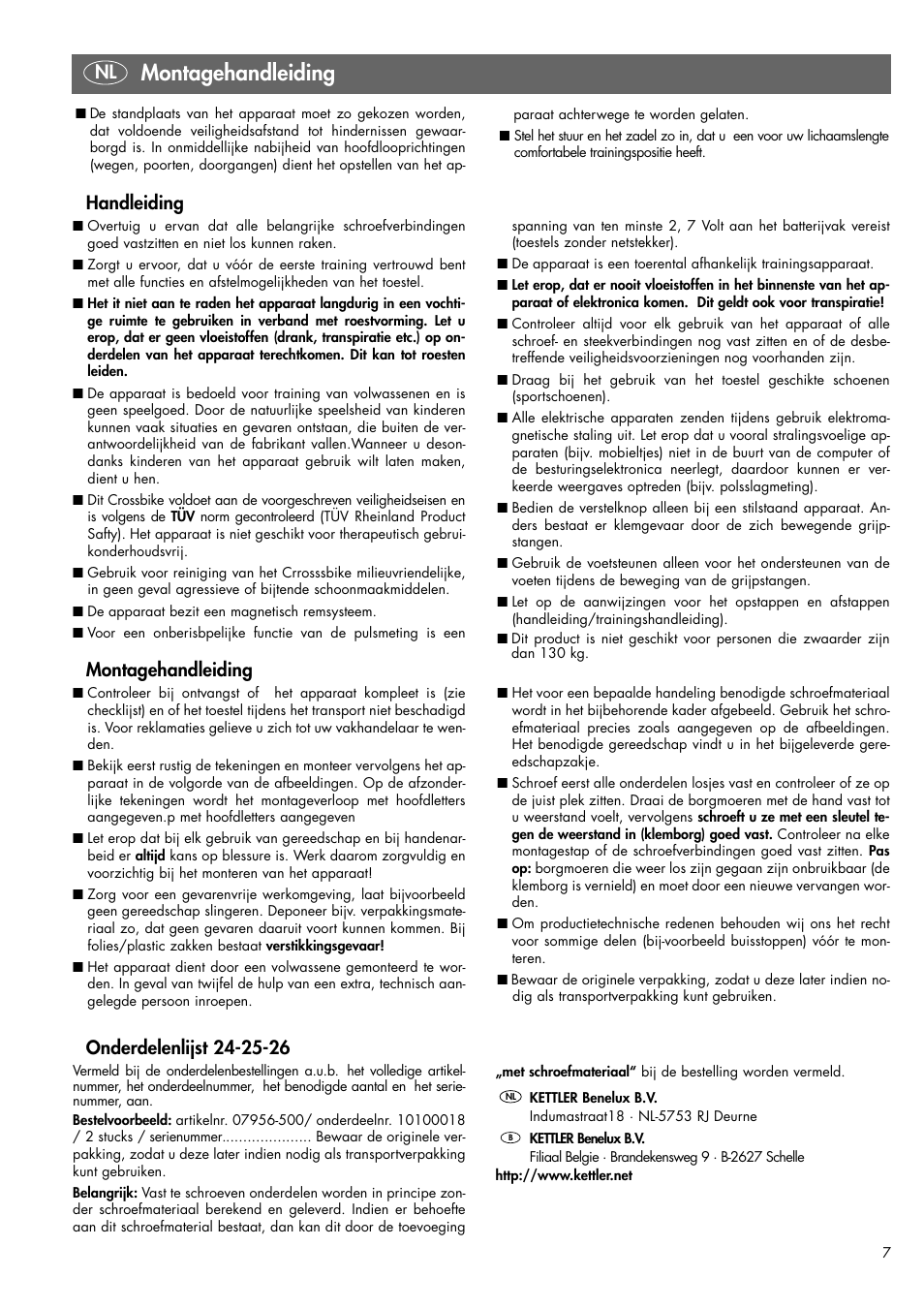 Montagehandleiding, Nl handleiding | Kettler 07956-500 User Manual | Page 7 / 28