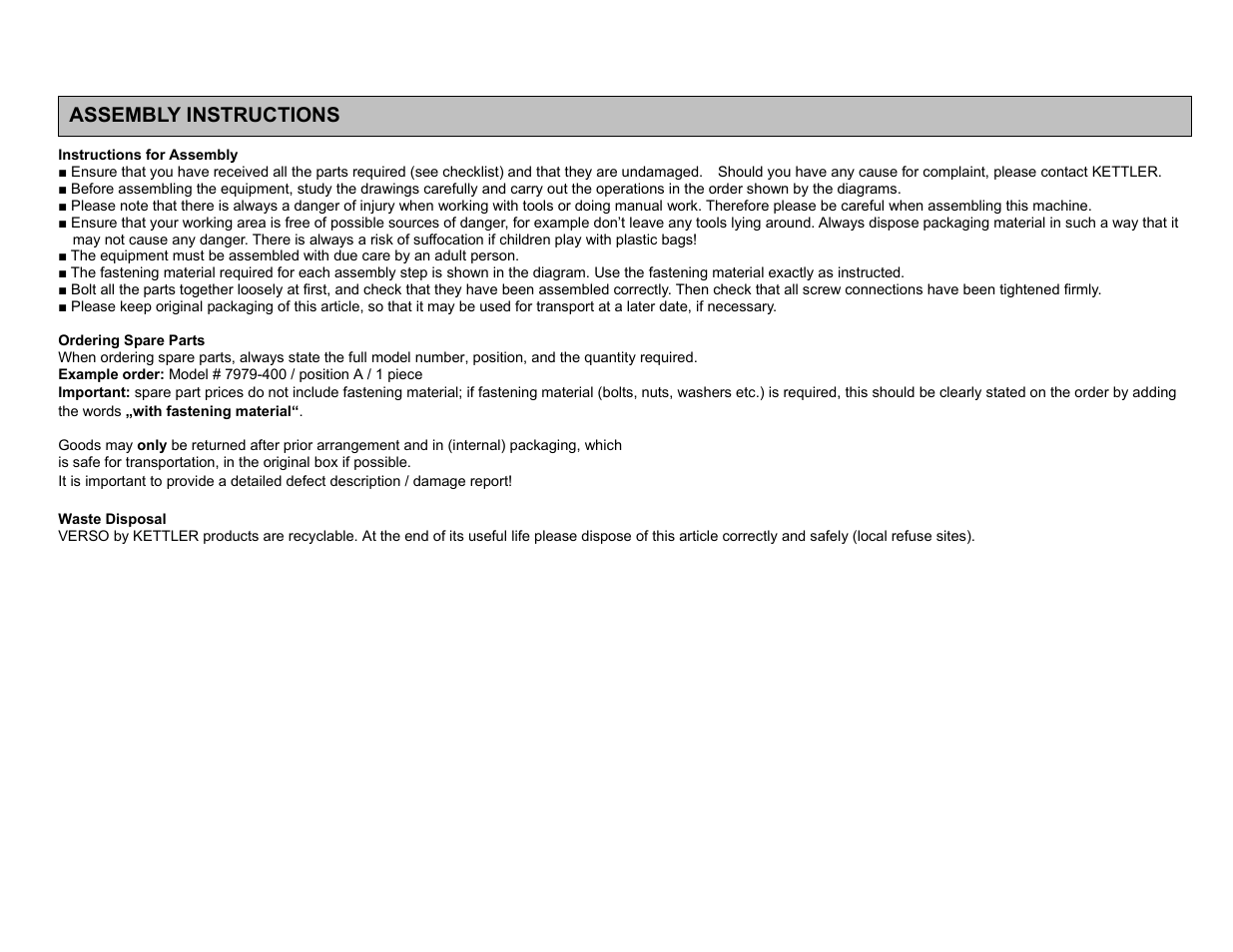 Assembly instructions | Kettler R-400 ROWER 7976-400 User Manual | Page 3 / 19