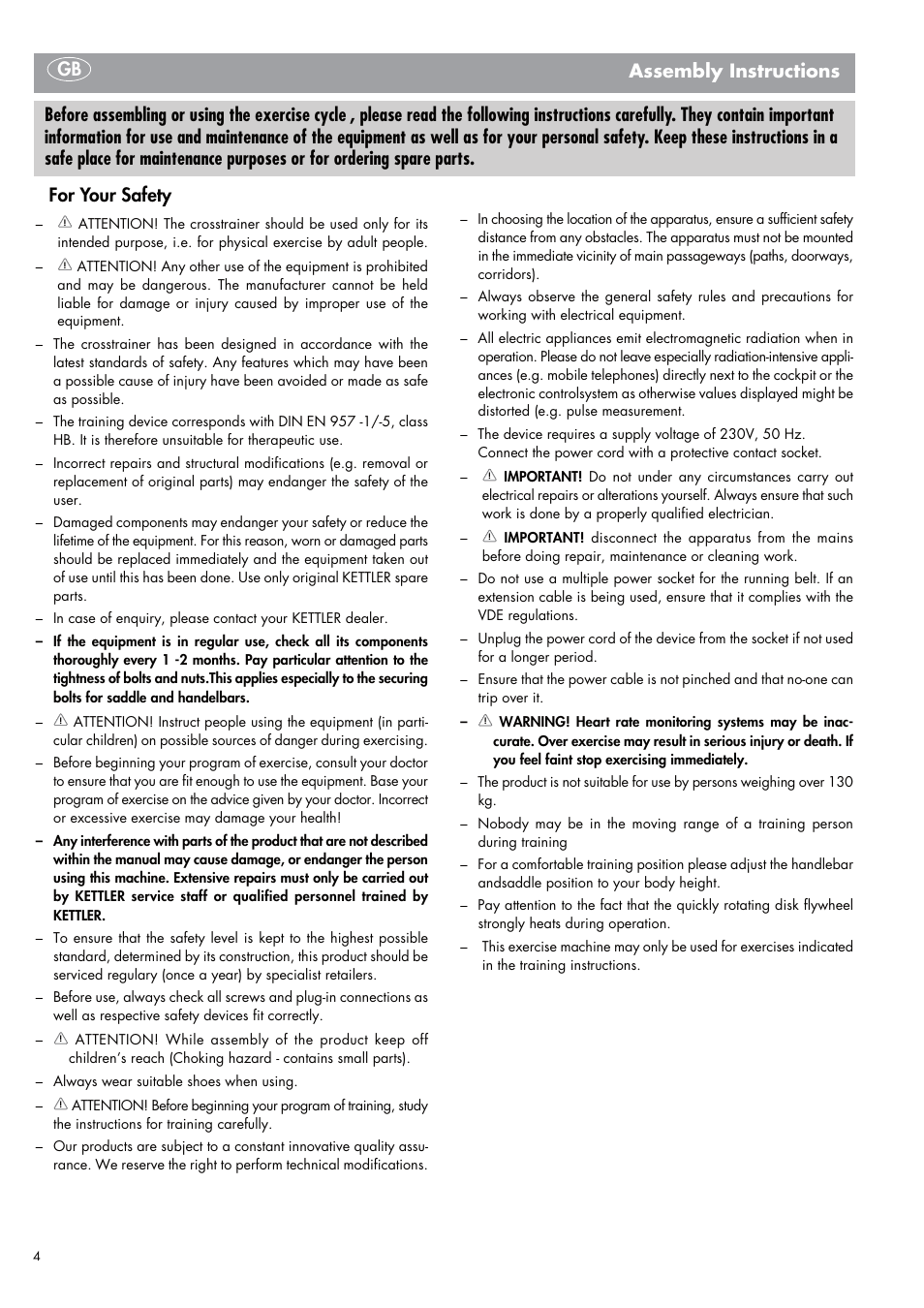 Assembly instructions gb for your safety | Kettler PASO 309 User Manual | Page 2 / 12