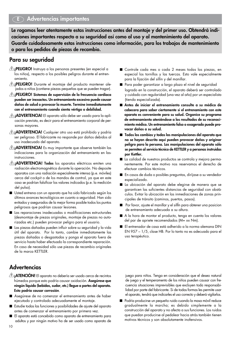Advertencias, Advertencias importantes, Para su seguridad | Kettler 07664-000 User Manual | Page 10 / 40