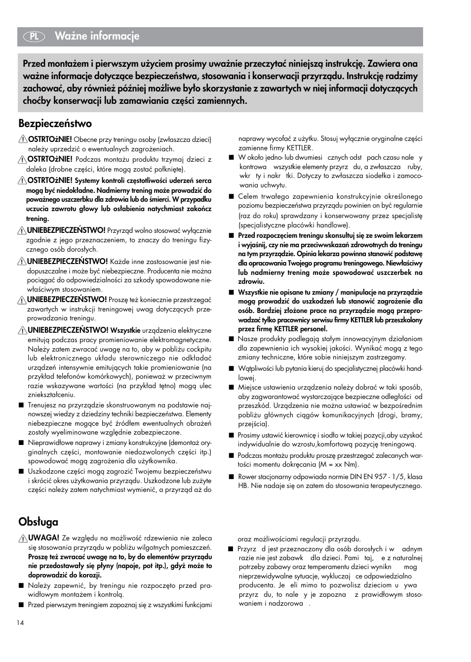 Obsługa, Ważne informacje, Bezpieczeństwo | Kettler 07664-000 User Manual | Page 14 / 40