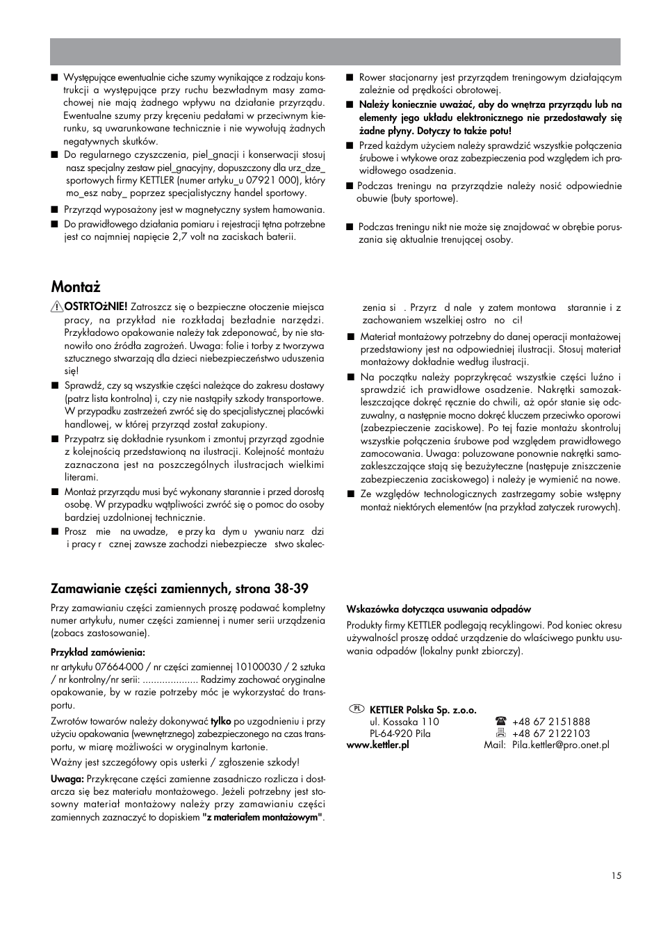 Montaż, Zamawianie części zamiennych, strona 38-39 | Kettler 07664-000 User Manual | Page 15 / 40