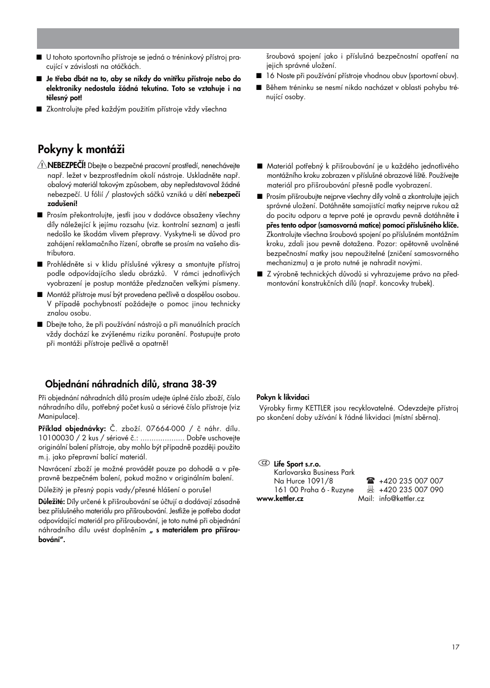 Pokyny k montáži, Objednání náhradních dílů, strana 38-39 | Kettler 07664-000 User Manual | Page 17 / 40