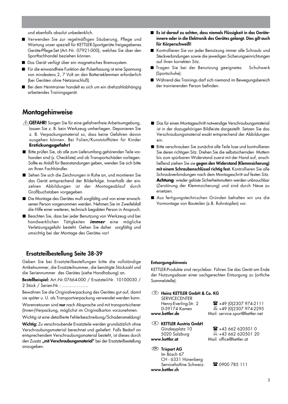 Montagehinweise, Ersatzteilbestellung seite 38-39 | Kettler 07664-000 User Manual | Page 3 / 40