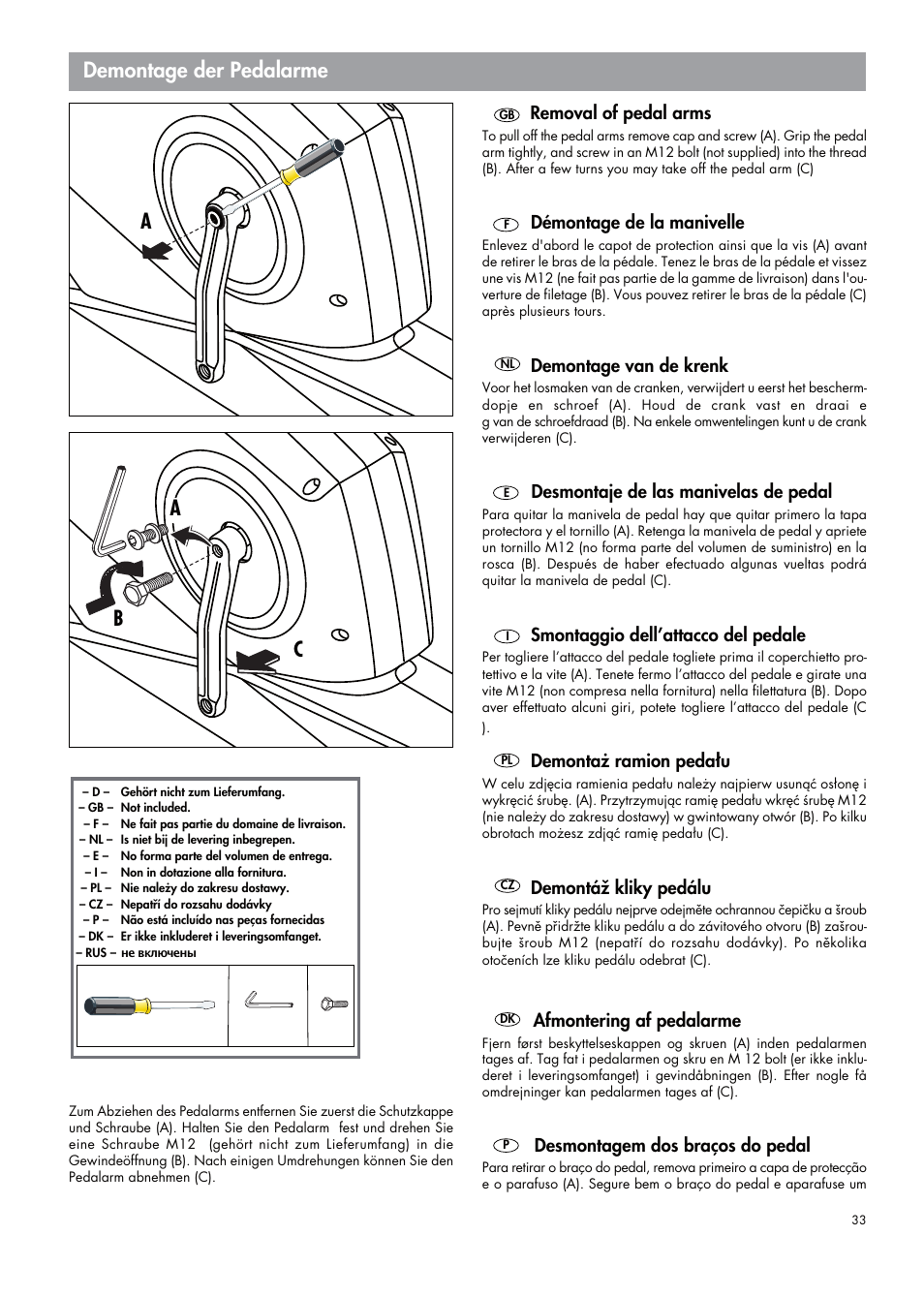 Demontage der pedalarme, Ab c, Removal of pedal arms | Démontage de la manivelle, Demontage van de krenk, Desmontaje de las manivelas de pedal, Smontaggio dell’attacco del pedale, Demontaż ramion pedału, Demontáž kliky pedálu, Afmontering af pedalarme | Kettler 07664-000 User Manual | Page 33 / 40