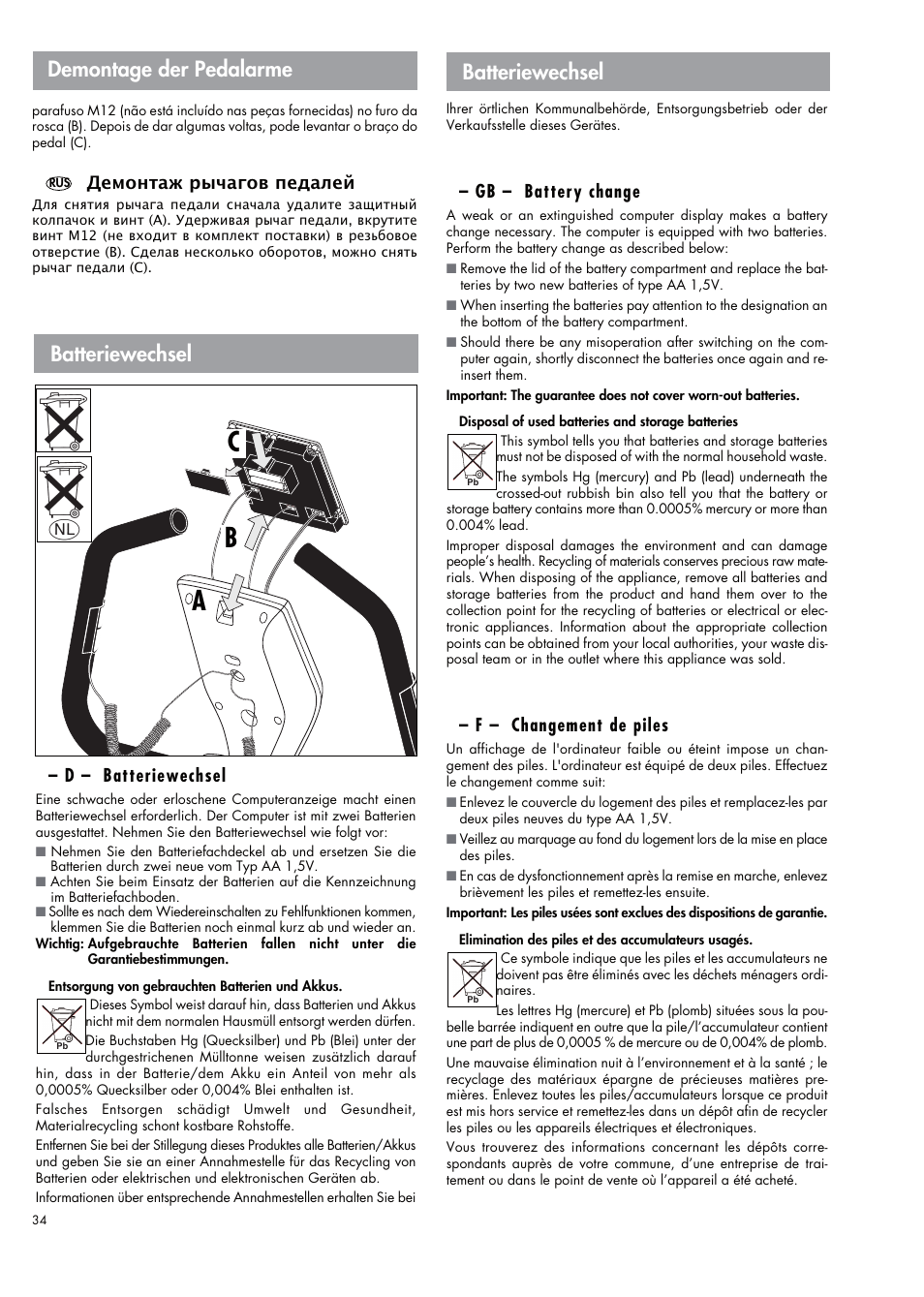 Demontage der pedalarme, Batteriewechsel | Kettler 07664-000 User Manual | Page 34 / 40