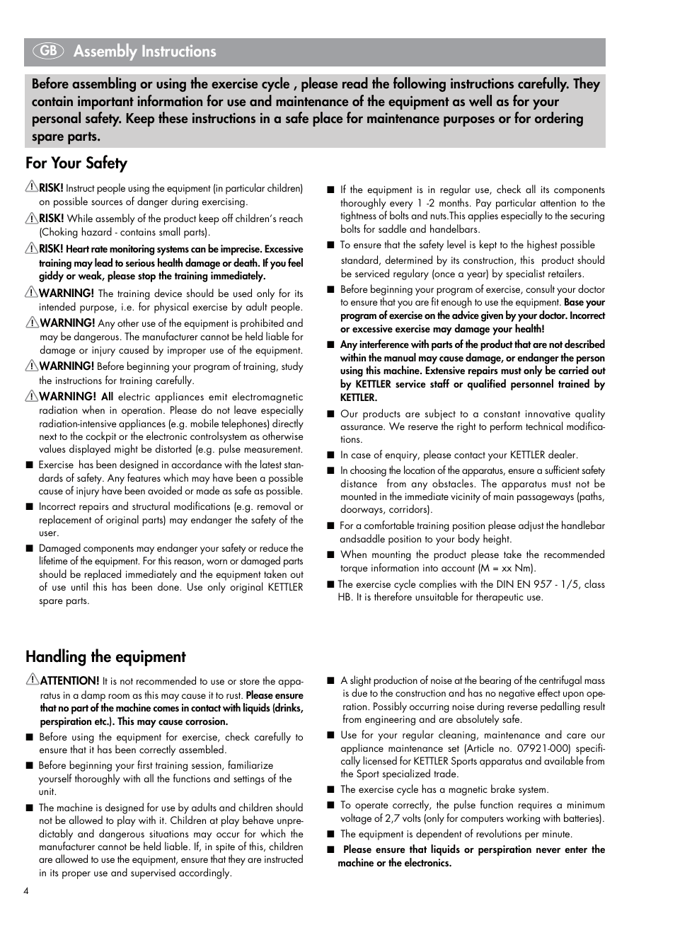Handling the equipment, Assembly instructions, For your safety | Kettler 07664-000 User Manual | Page 4 / 40
