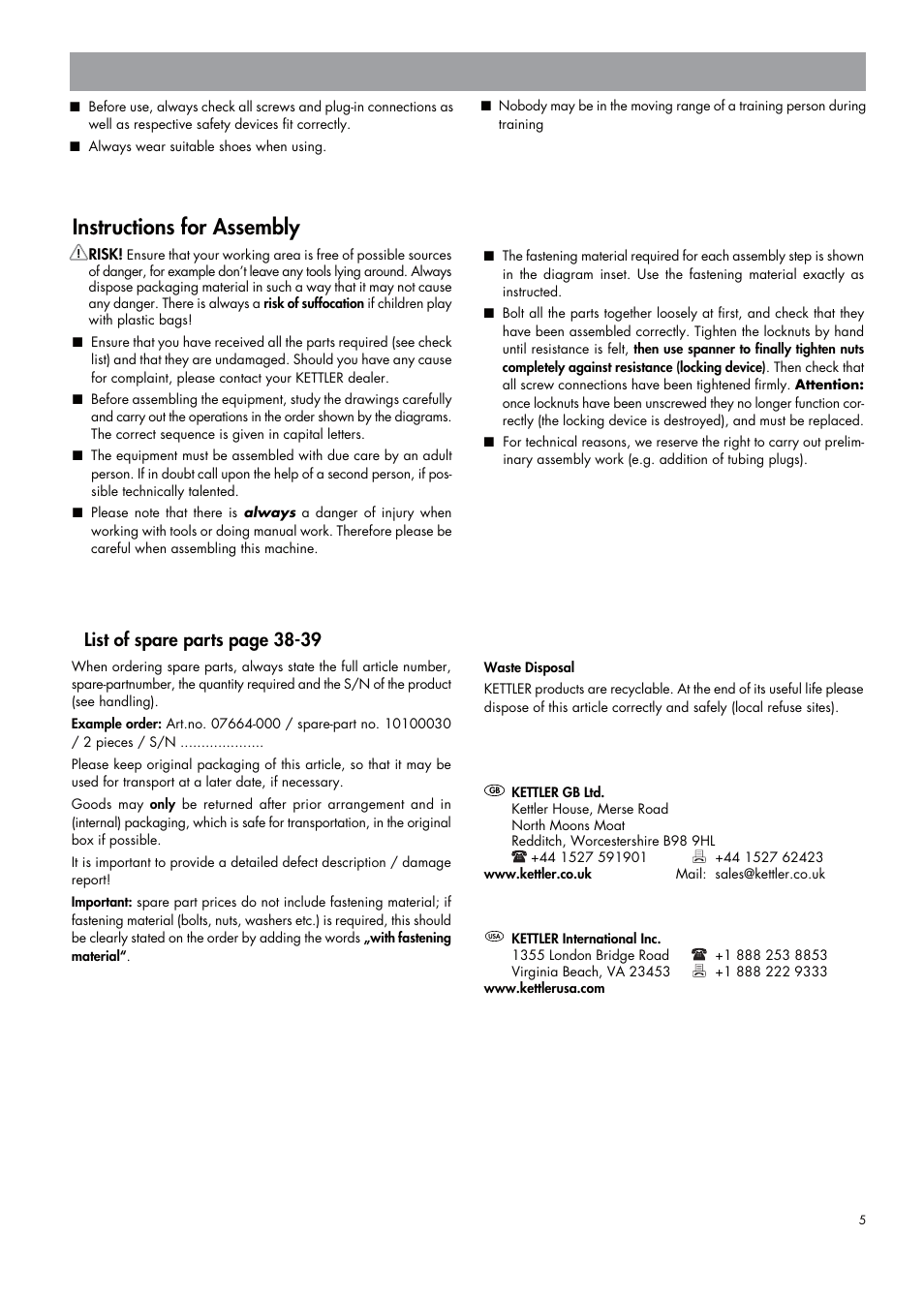 Instructions for assembly, List of spare parts page 38-39 | Kettler 07664-000 User Manual | Page 5 / 40