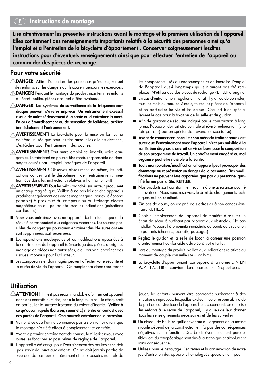 Instructions de montage, Pour votre sécurité, Utilisation | Kettler 07664-000 User Manual | Page 6 / 40