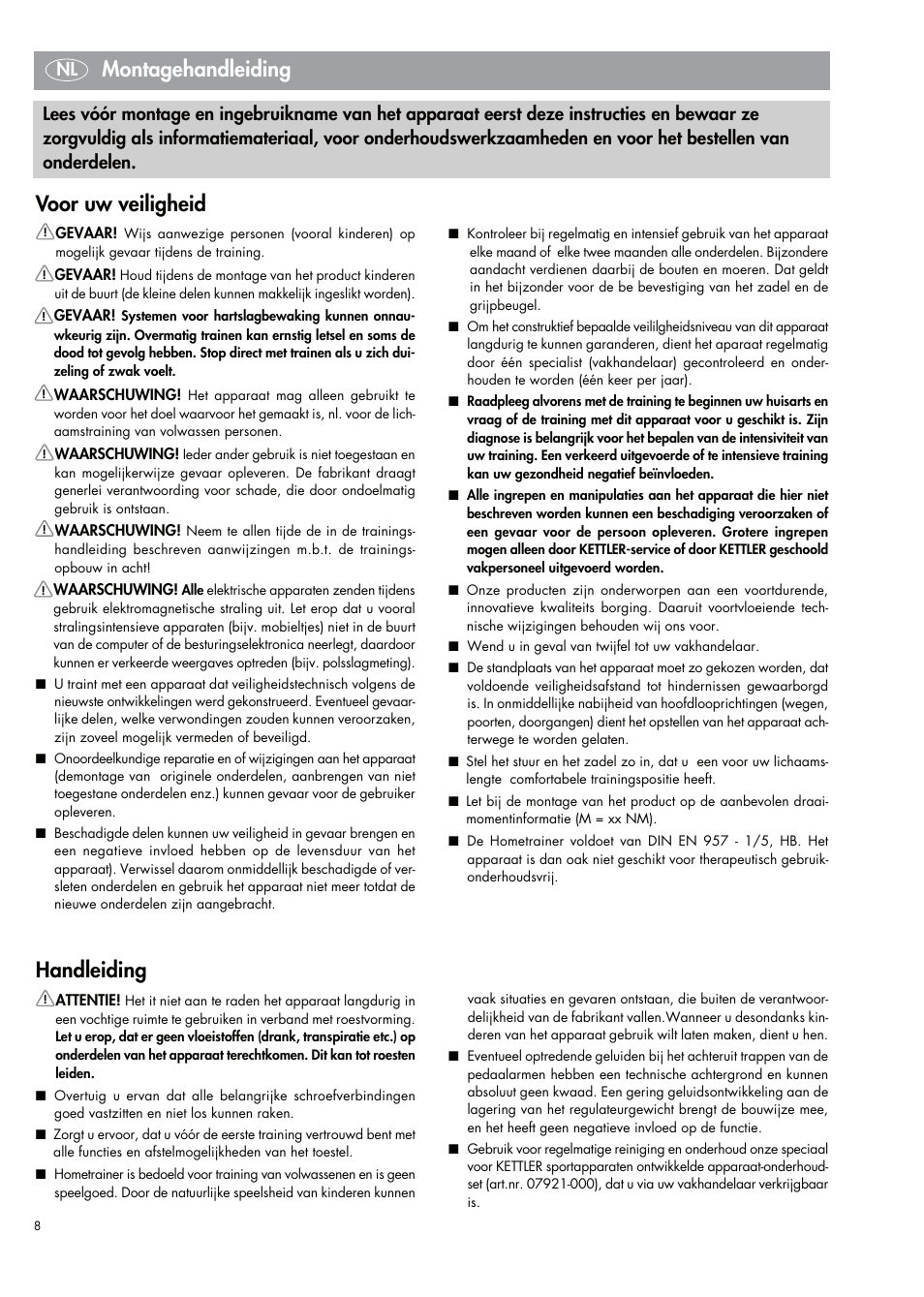 Handleiding, Montagehandleiding, Voor uw veiligheid | Kettler 07664-000 User Manual | Page 8 / 40