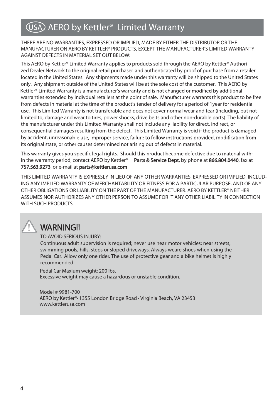 Aero by kettler® limited warranty, Warning | Kettler AERO 9981-700 User Manual | Page 4 / 16