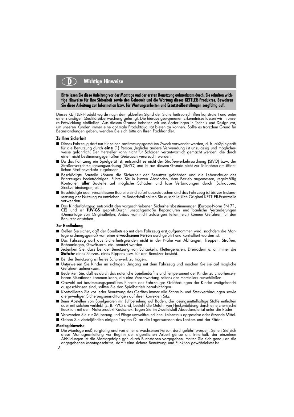 Wichtige hinweise | Kettler 08848-000 User Manual | Page 2 / 18