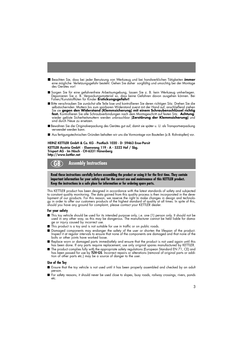 Assembly instructions | Kettler 08848-000 User Manual | Page 3 / 18