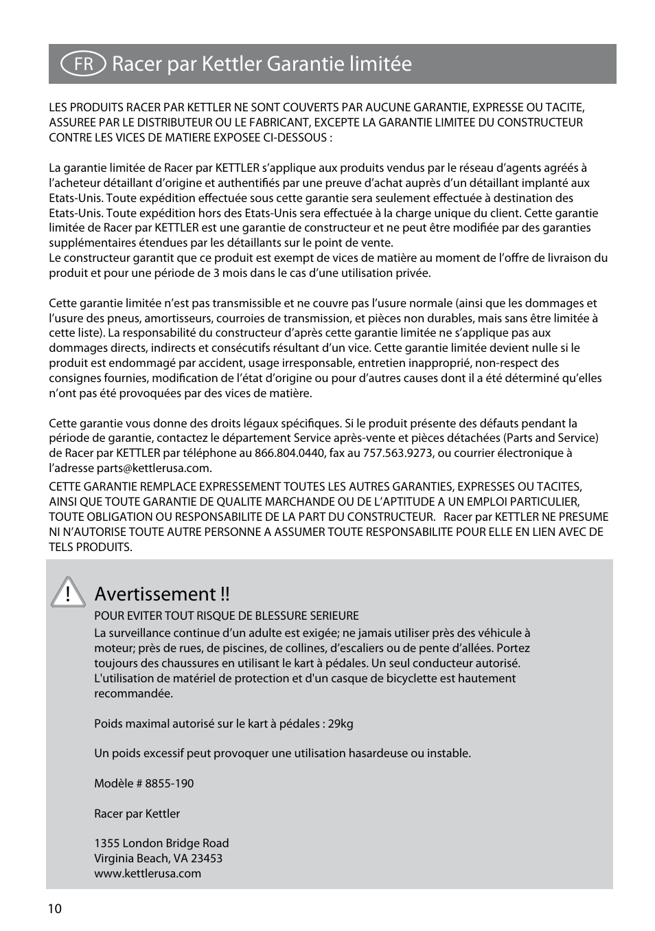 8855-190_wildcat_10_6-15-09.pdf, Racer par kettler garantie limitée, Avertissement | Kettler 8855-190 User Manual | Page 10 / 21