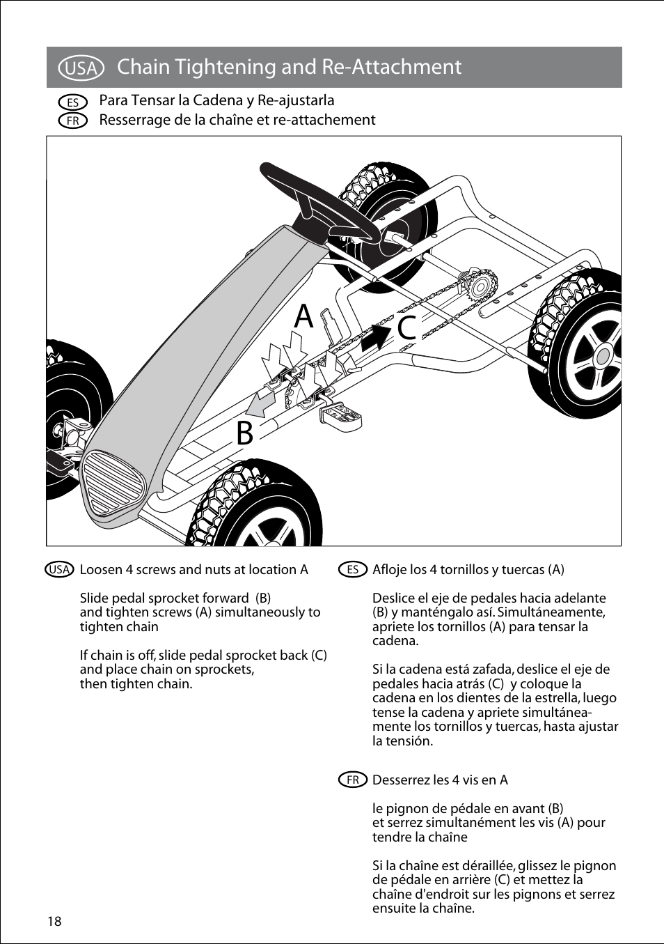 8855-190_wildcat_18_6-22-09.pdf, Ab c, Chain tightening and re-attachment | Kettler 8855-190 User Manual | Page 18 / 21