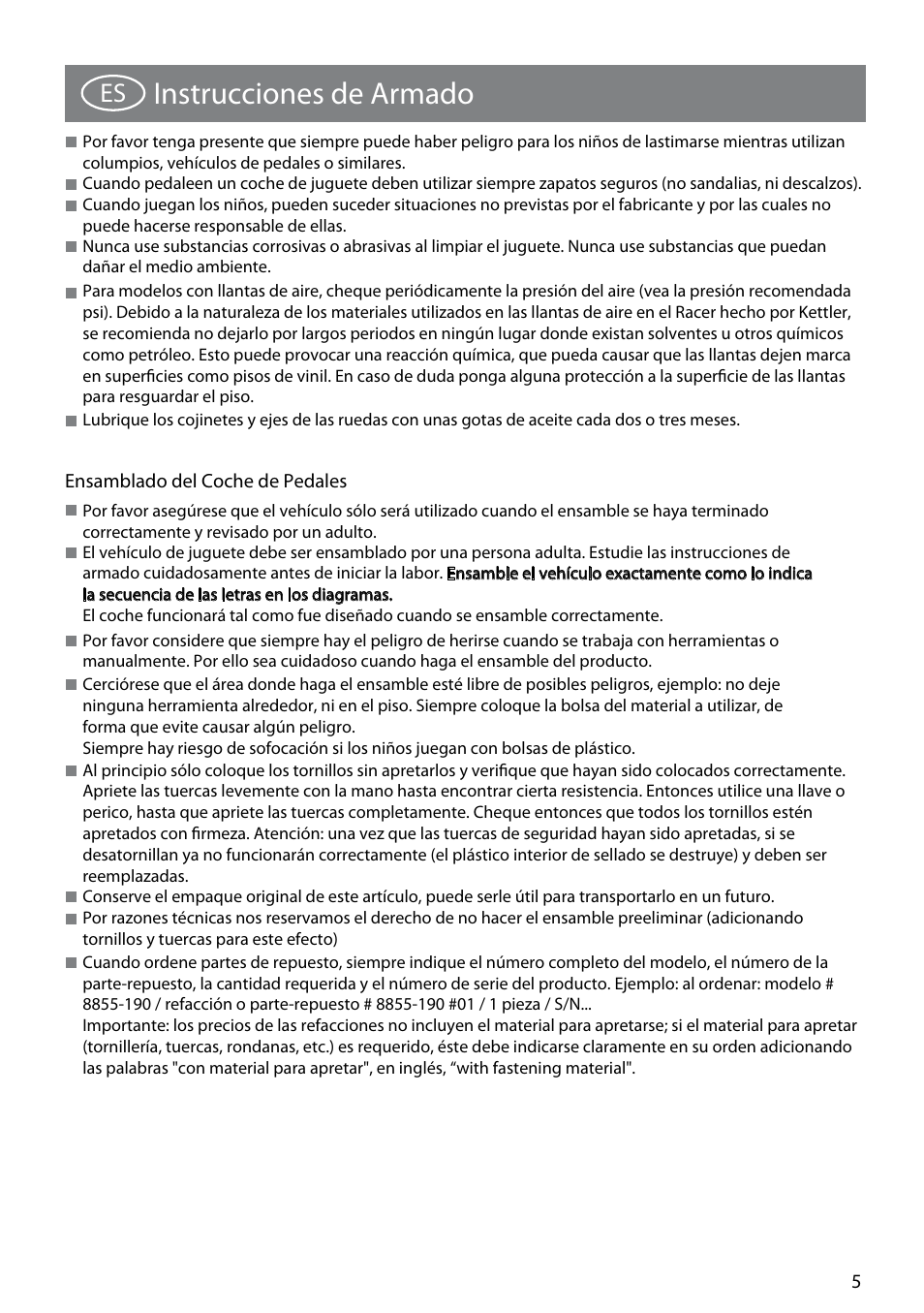 8855-190_wildcat_5_6-22-09.pdf, Instrucciones de armado | Kettler 8855-190 User Manual | Page 5 / 21