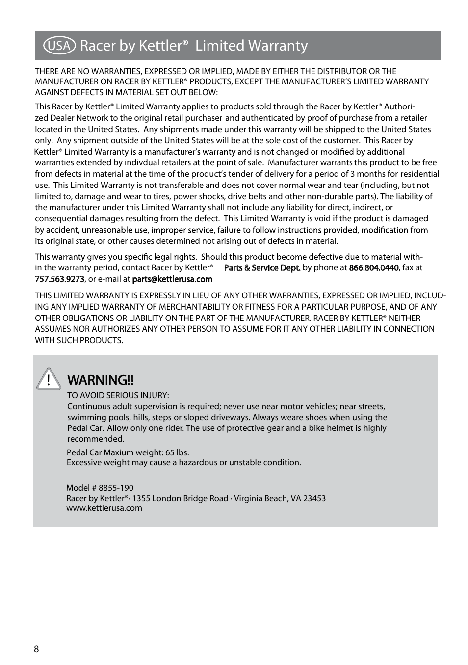 8855-190_wildcat_8_6-15-09.pdf, Racer by kettler® limited warranty, Warning | Kettler 8855-190 User Manual | Page 8 / 21