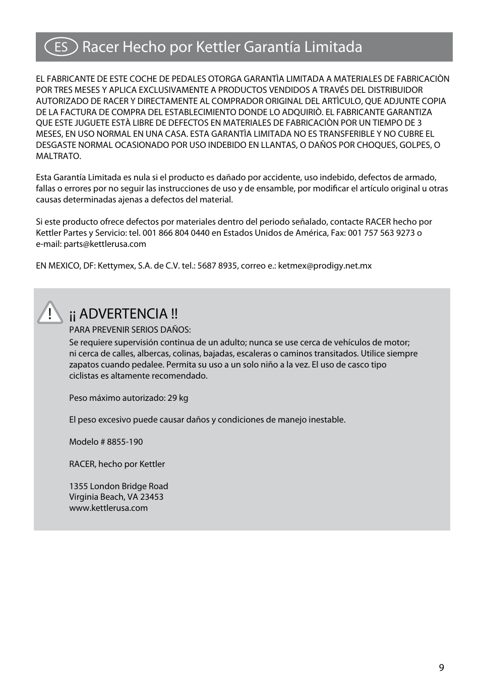 8855-190_wildcat_9_6-15-09.pdf, Racer hecho por kettler garantía limitada, Advertencia | Kettler 8855-190 User Manual | Page 9 / 21