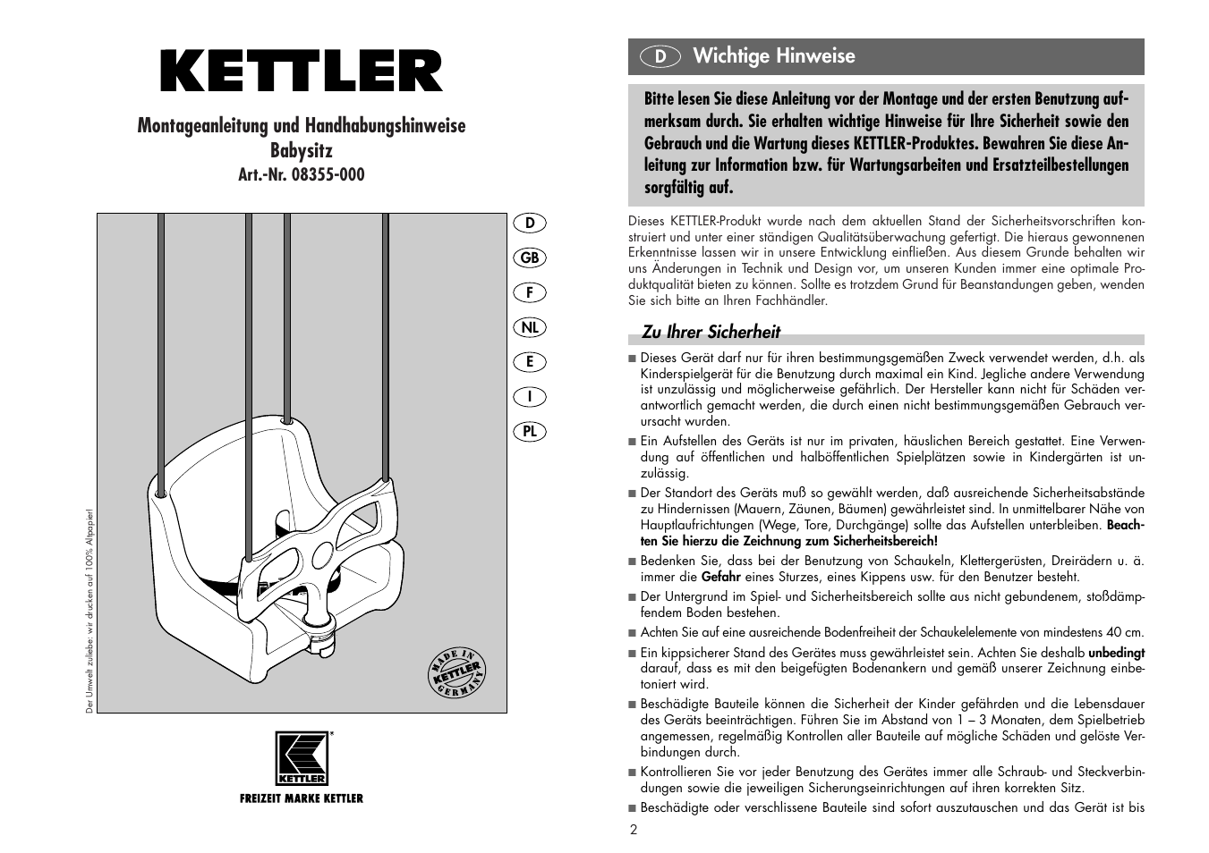 Kettler BABYSITZ 08355-000 User Manual | 12 pages