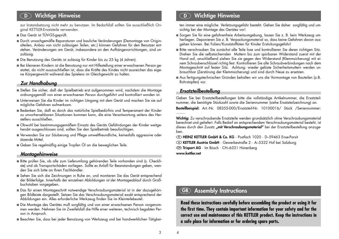 Wichtige hinweise, Assembly instructions | Kettler BABYSITZ 08355-000 User Manual | Page 2 / 12
