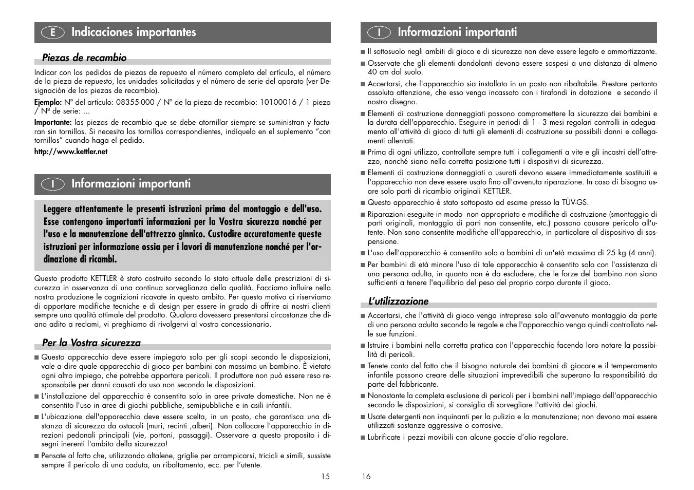 Indicaciones importantes, Informazioni importanti | Kettler BABYSITZ 08355-000 User Manual | Page 8 / 12