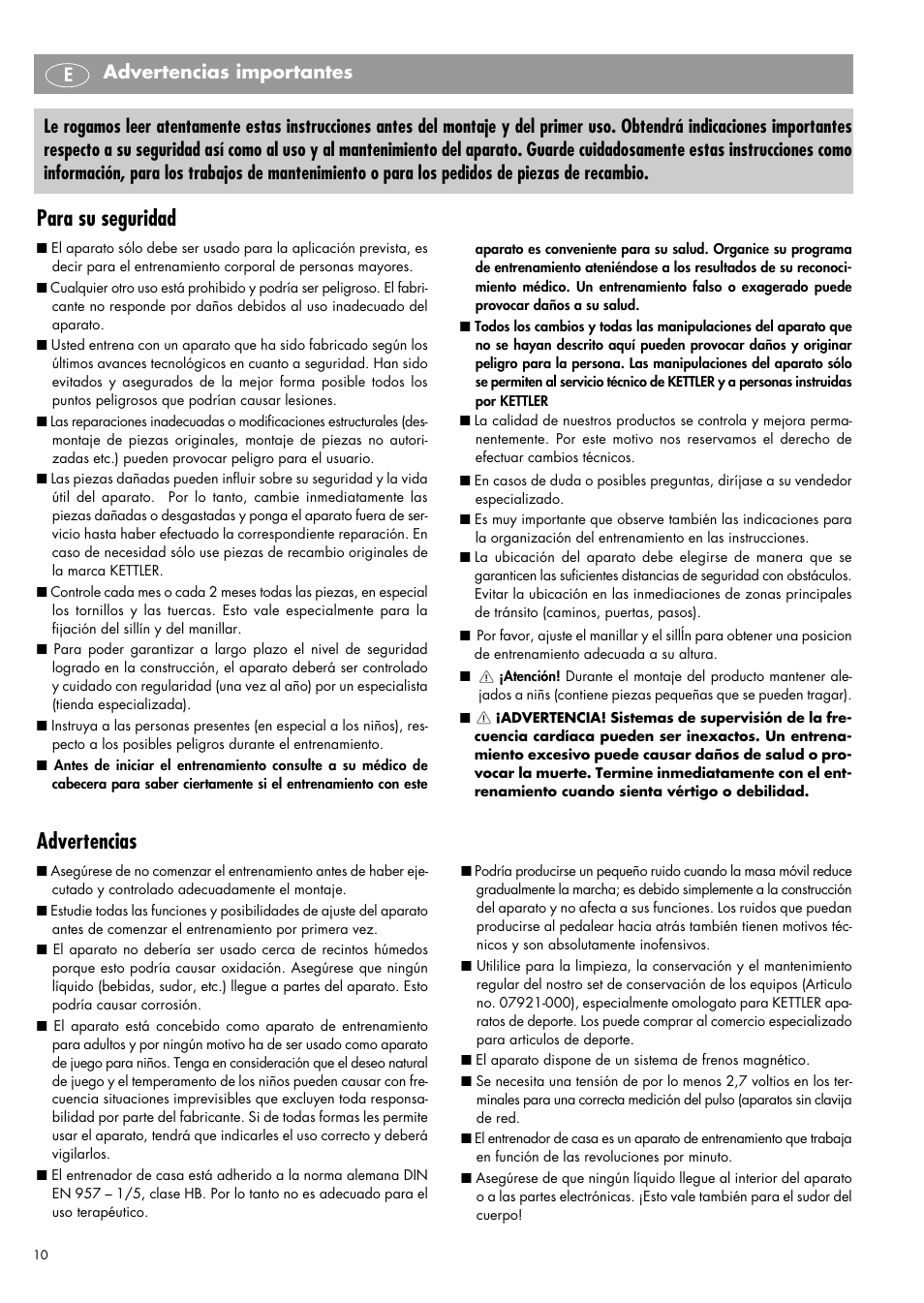 Para su seguridad, Advertencias, Advertencias importantes e | Kettler 07960-800 User Manual | Page 10 / 33