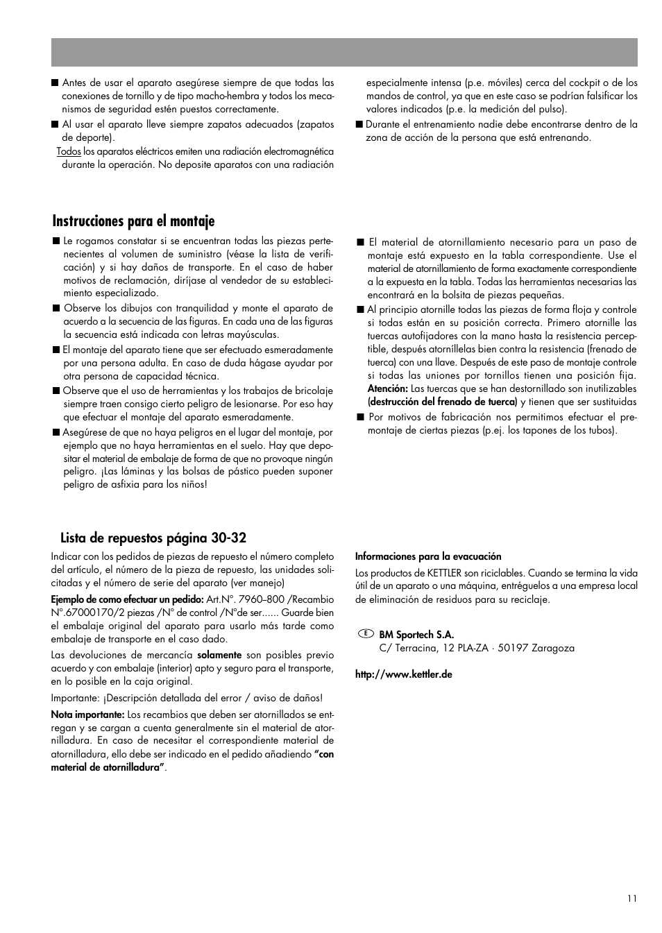 Instrucciones para el montaje, Lista de repuestos página 30-32 | Kettler 07960-800 User Manual | Page 11 / 33