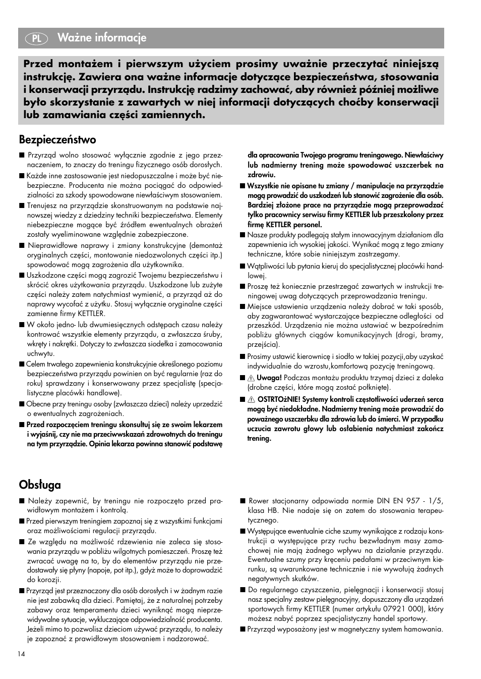 Obsługa, Ważne informacje, Bezpieczeństwo | Kettler 07960-800 User Manual | Page 14 / 33