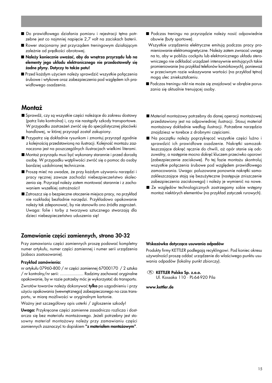 Montaż, Zamawianie części zamiennych, strona 30-32 | Kettler 07960-800 User Manual | Page 15 / 33