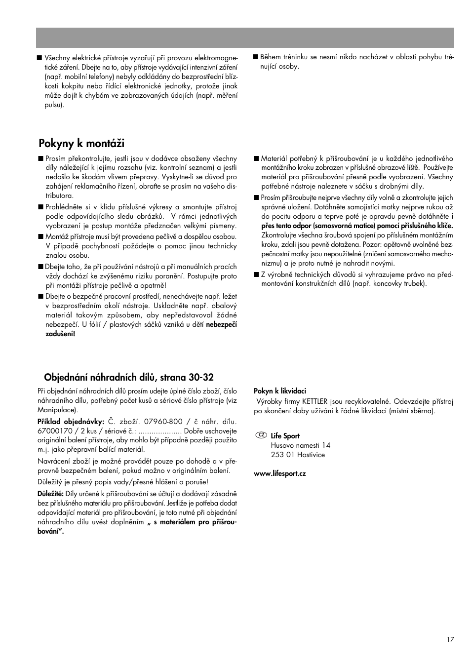 Pokyny k montáži, Objednání náhradních dílů, strana 30-32 | Kettler 07960-800 User Manual | Page 17 / 33