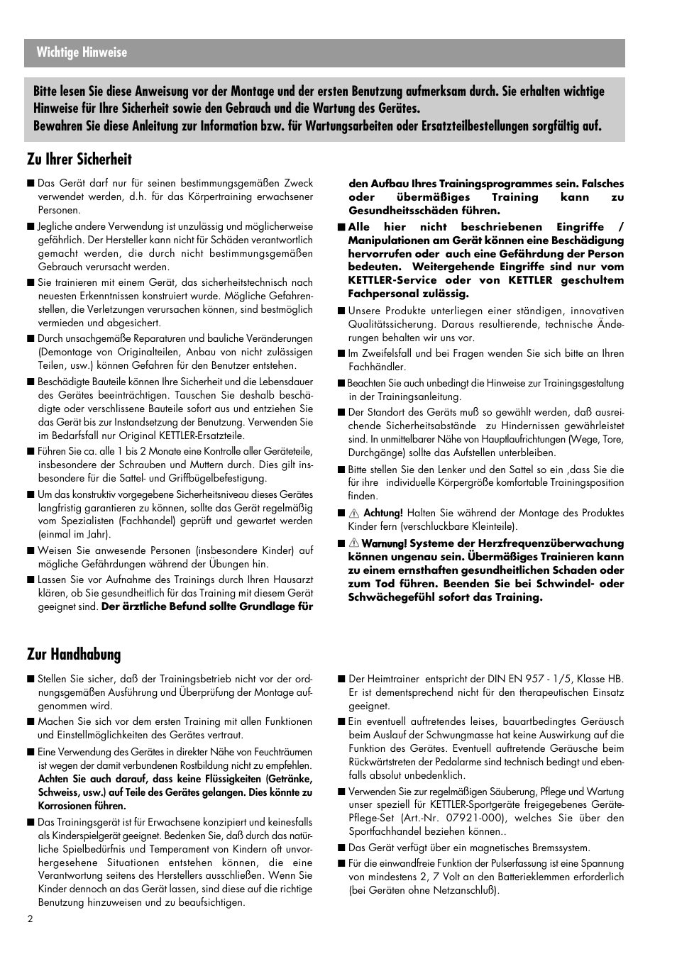 Zur handhabung, Zu ihrer sicherheit, Wichtige hinweise | Kettler 07960-800 User Manual | Page 2 / 33