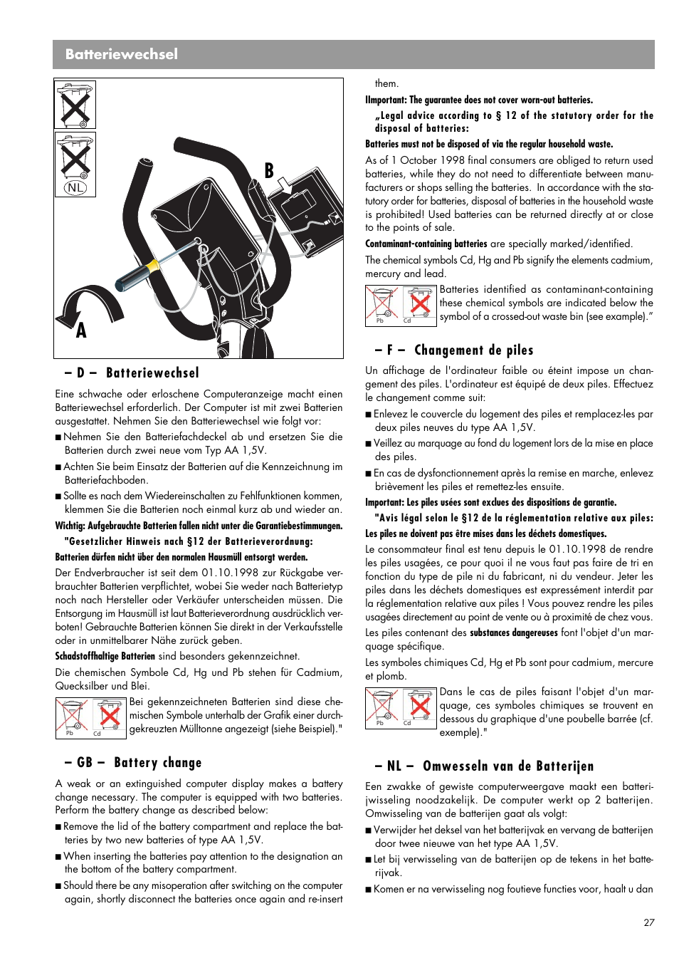 Batteriewechsel, D – batteriewechsel, Gb – battery change | F – changement de piles, Nl – omwesseln van de batterijen | Kettler 07960-800 User Manual | Page 27 / 33