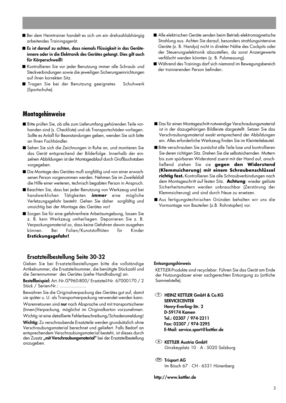 Montagehinweise, Ersatzteilbestellung seite 30-32 | Kettler 07960-800 User Manual | Page 3 / 33