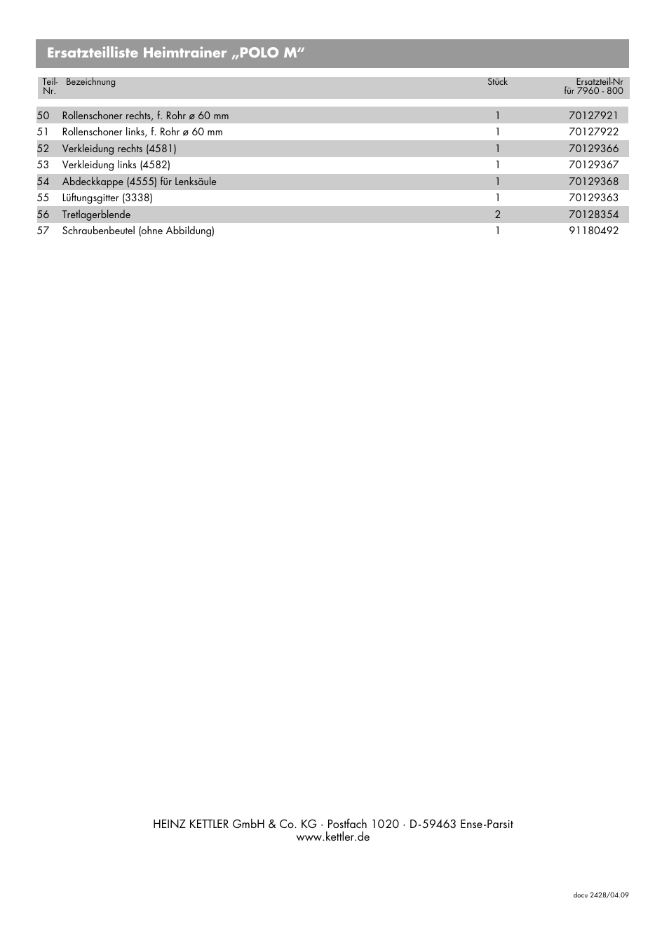 Ersatzteilliste heimtrainer „polo m | Kettler 07960-800 User Manual | Page 32 / 33