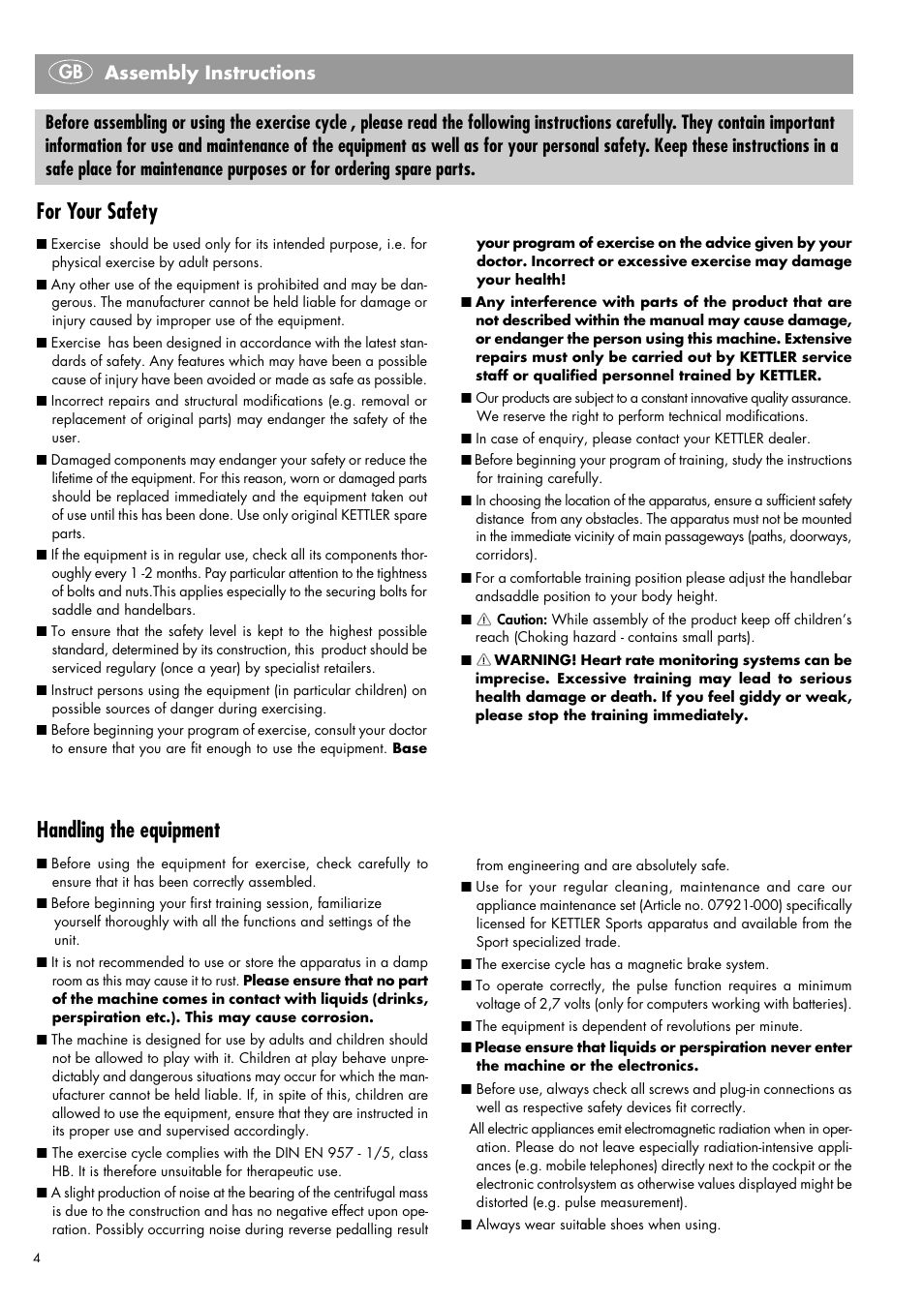 For your safety, Handling the equipment, Assembly instructions gb | Kettler 07960-800 User Manual | Page 4 / 33