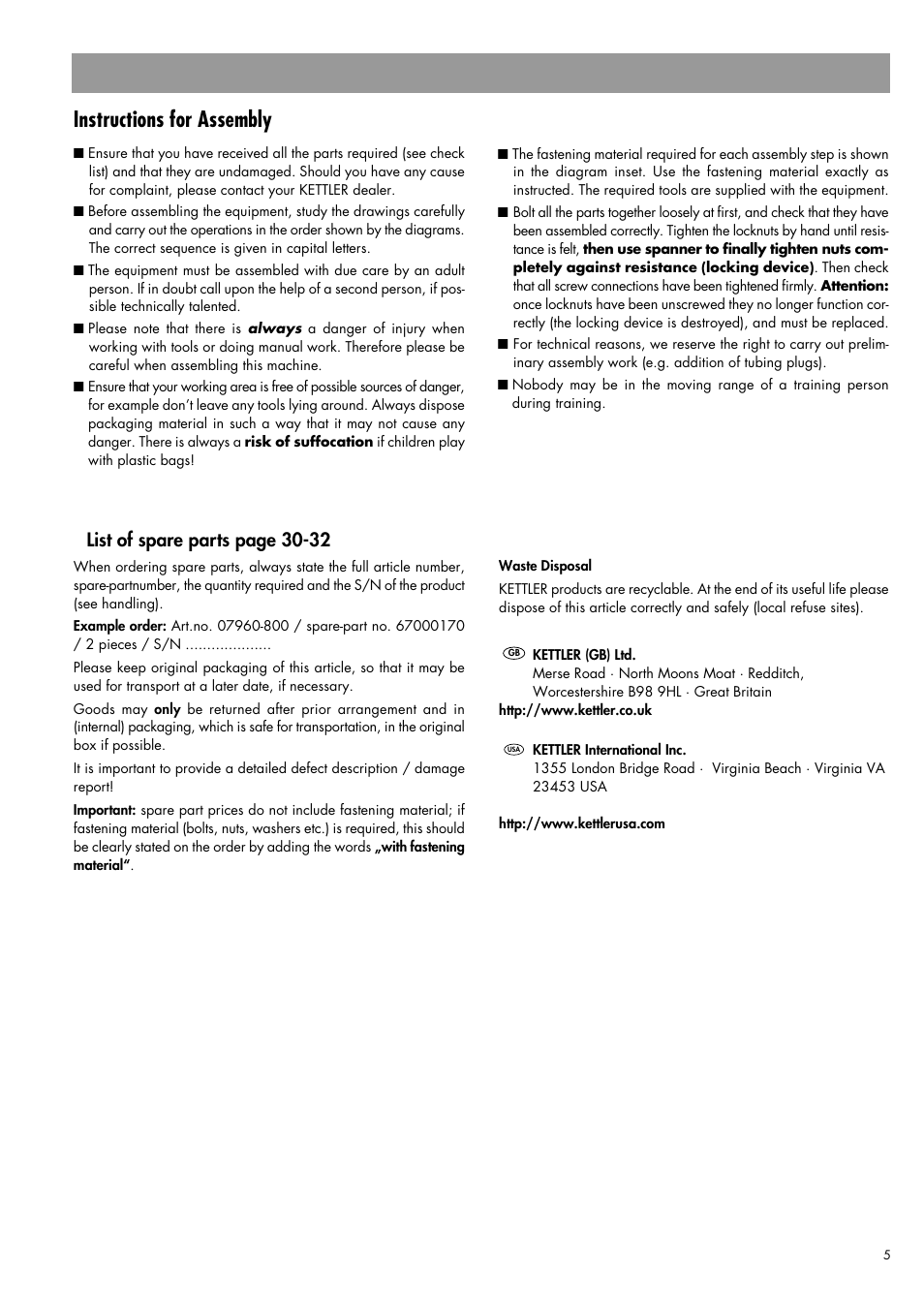 Instructions for assembly, List of spare parts page 30-32 | Kettler 07960-800 User Manual | Page 5 / 33