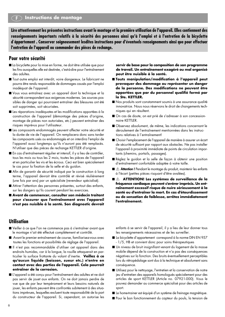 Pour votre sécurité, Utilisation, Instructions de montage f | Kettler 07960-800 User Manual | Page 6 / 33