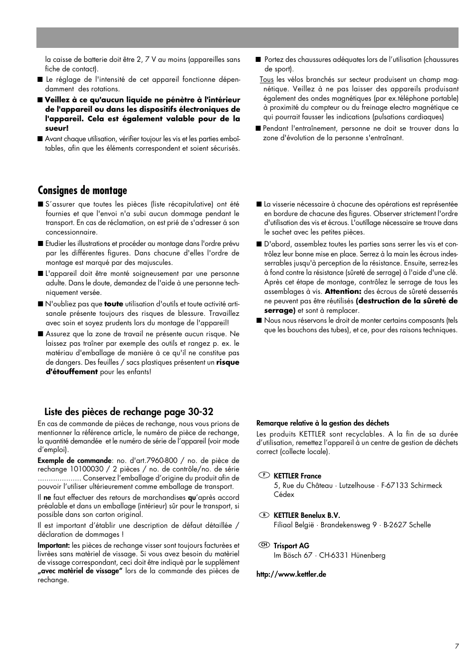 Consignes de montage, Liste des pièces de rechange page 30-32 | Kettler 07960-800 User Manual | Page 7 / 33