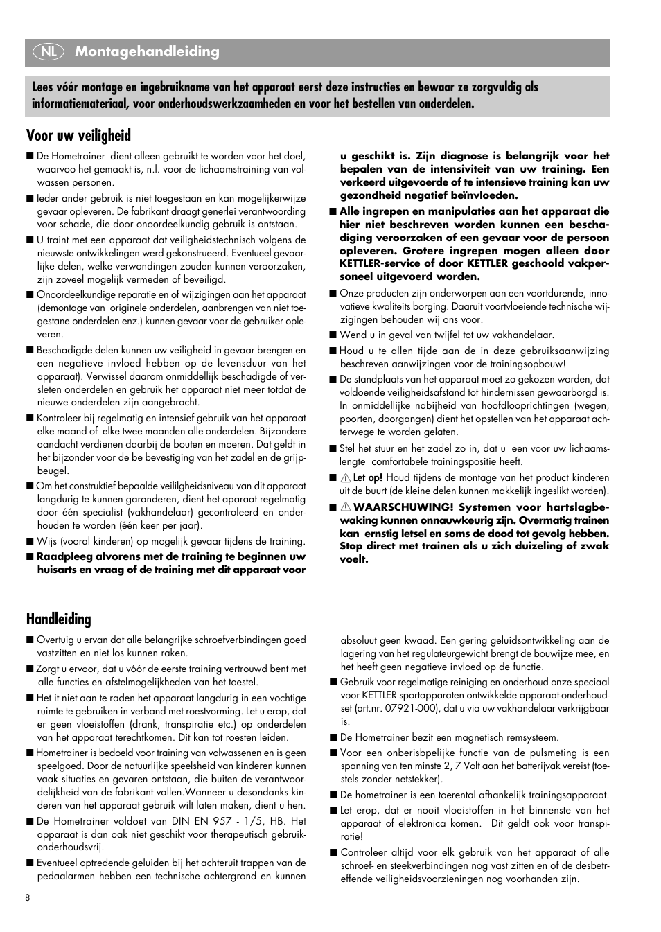 Handleiding, Voor uw veiligheid, Montagehandleiding nl | Kettler 07960-800 User Manual | Page 8 / 33