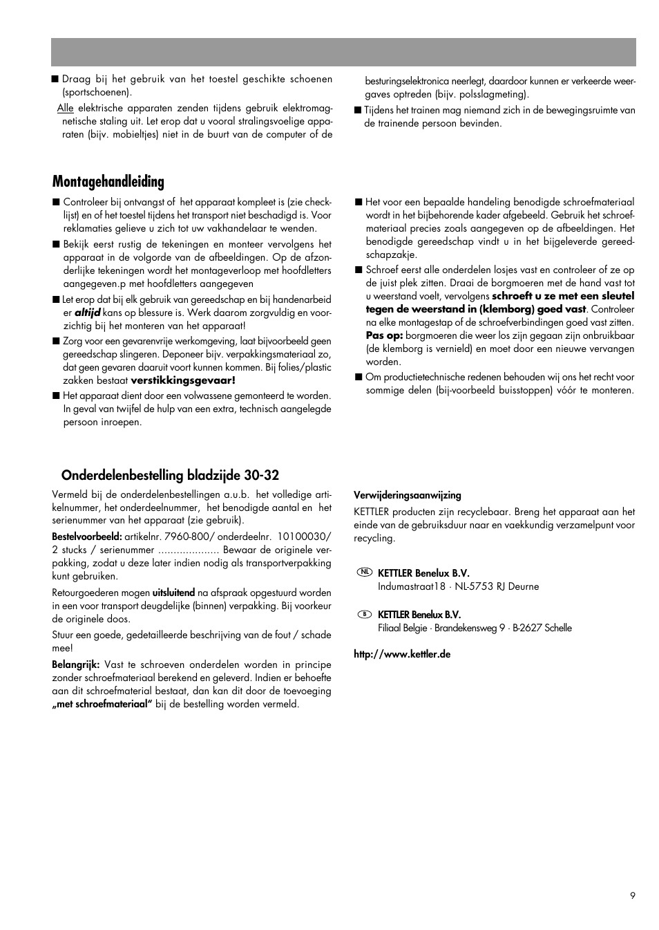 Montagehandleiding, Onderdelenbestelling bladzijde 30-32 | Kettler 07960-800 User Manual | Page 9 / 33