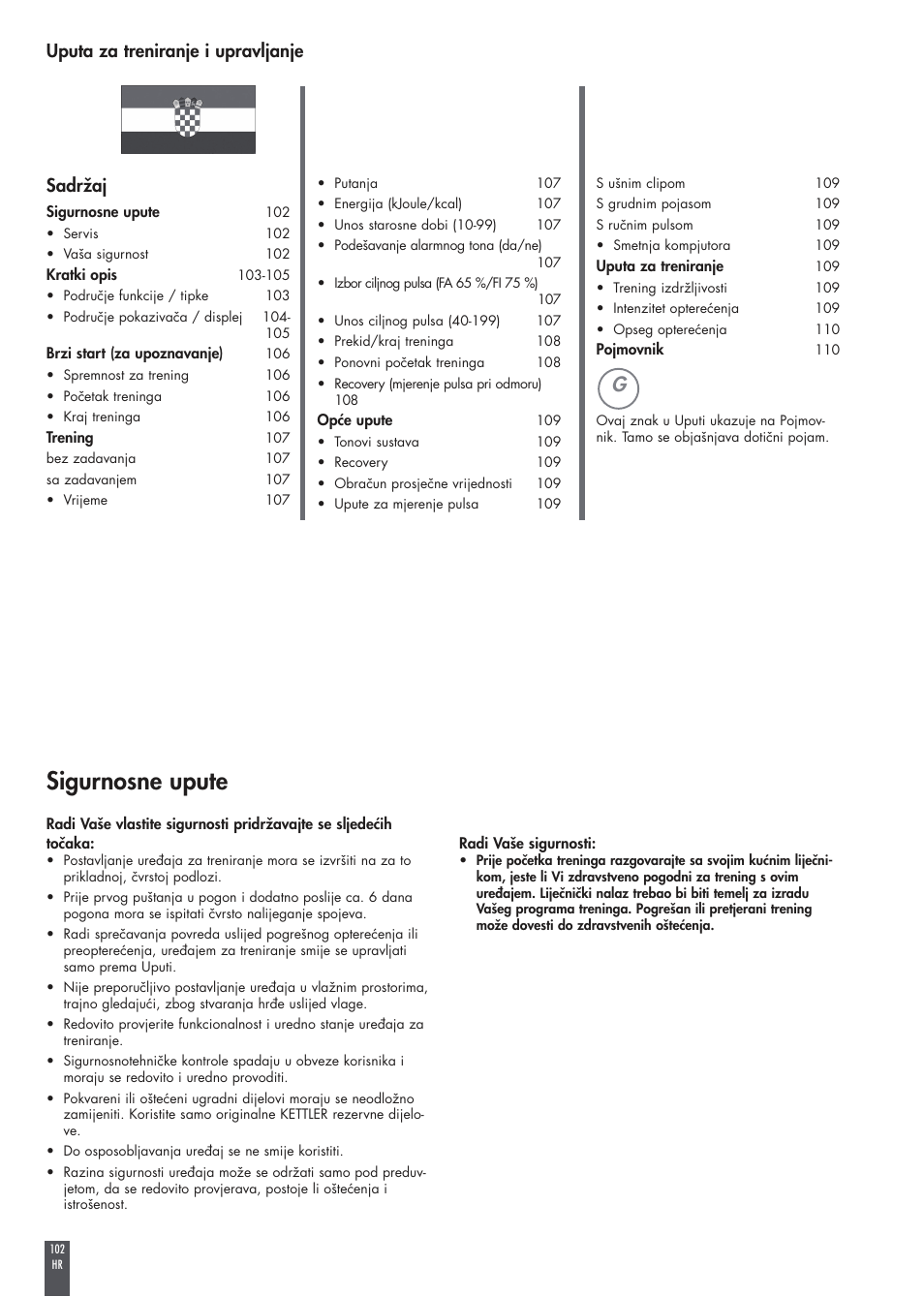 Sigurnosne upute, Uputa za treniranje i upravljanje, Sadržaj | Kettler FB600 User Manual | Page 102 / 144
