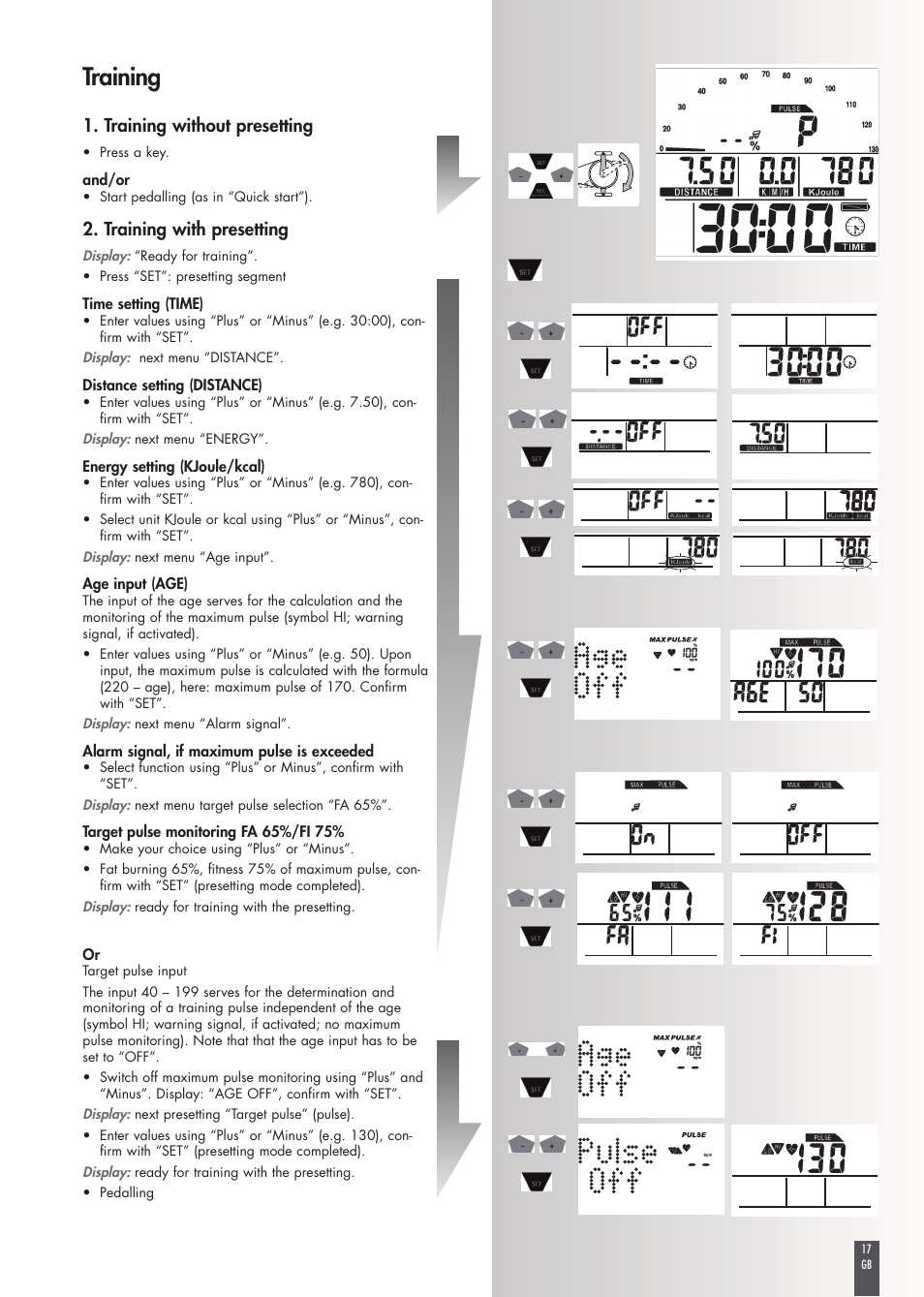 Training, Training without presetting, Training with presetting | Kettler FB600 User Manual | Page 17 / 144