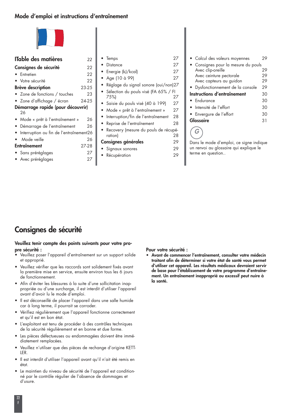 Consignes de sécurité | Kettler FB600 User Manual | Page 22 / 144