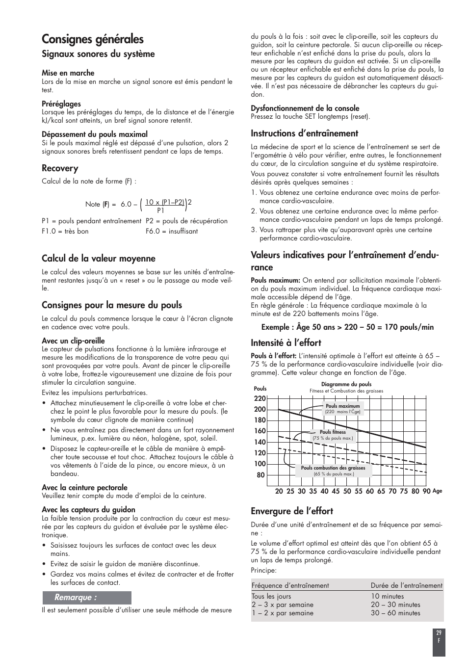 Consignes générales, Signaux sonores du système, Recovery | Calcul de la valeur moyenne, Consignes pour la mesure du pouls, Instructions d’entraînement, Intensité à l’effort, Envergure de l’effort | Kettler FB600 User Manual | Page 29 / 144