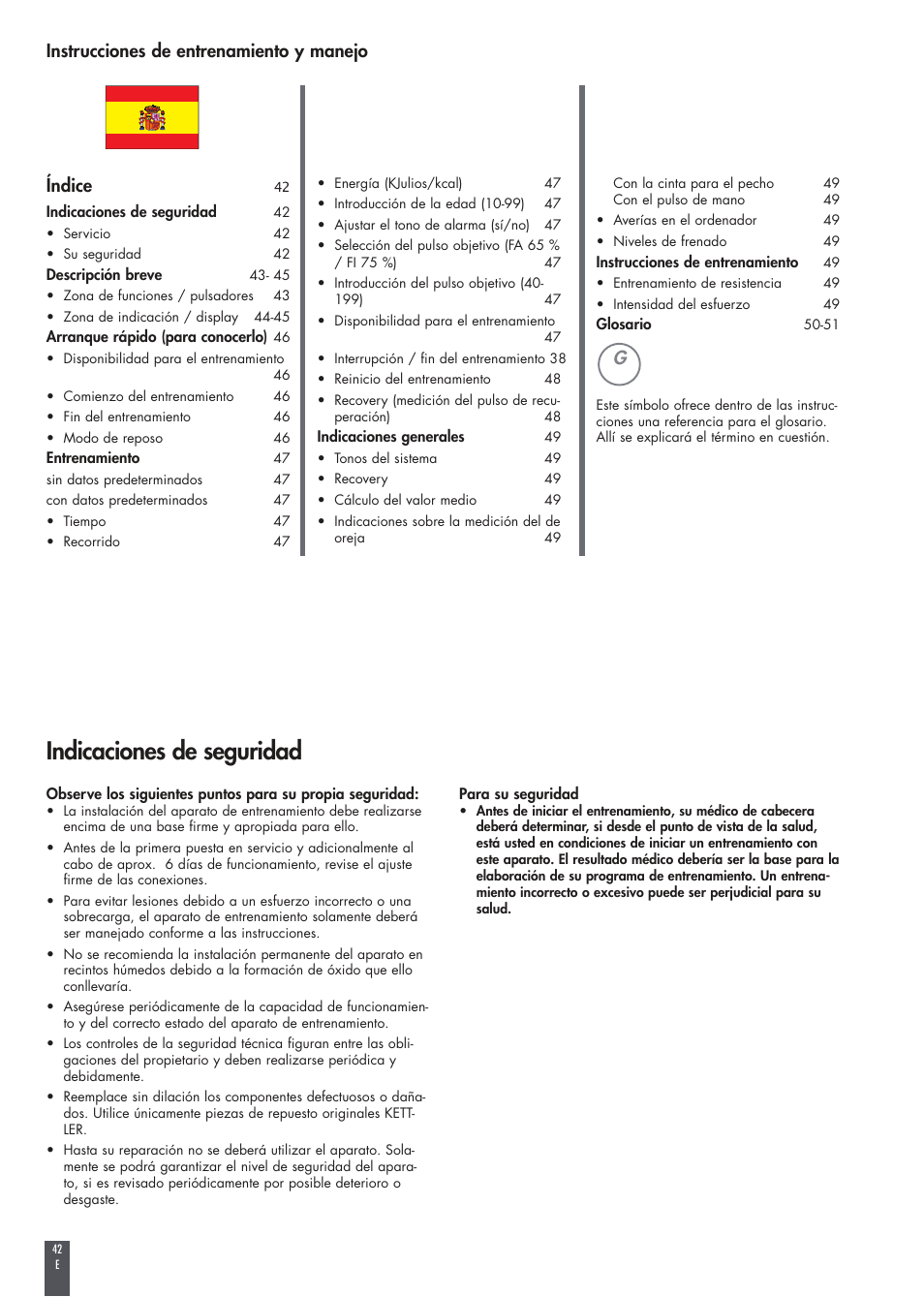 Indicaciones de seguridad, Instrucciones de entrenamiento y manejo índice | Kettler FB600 User Manual | Page 42 / 144