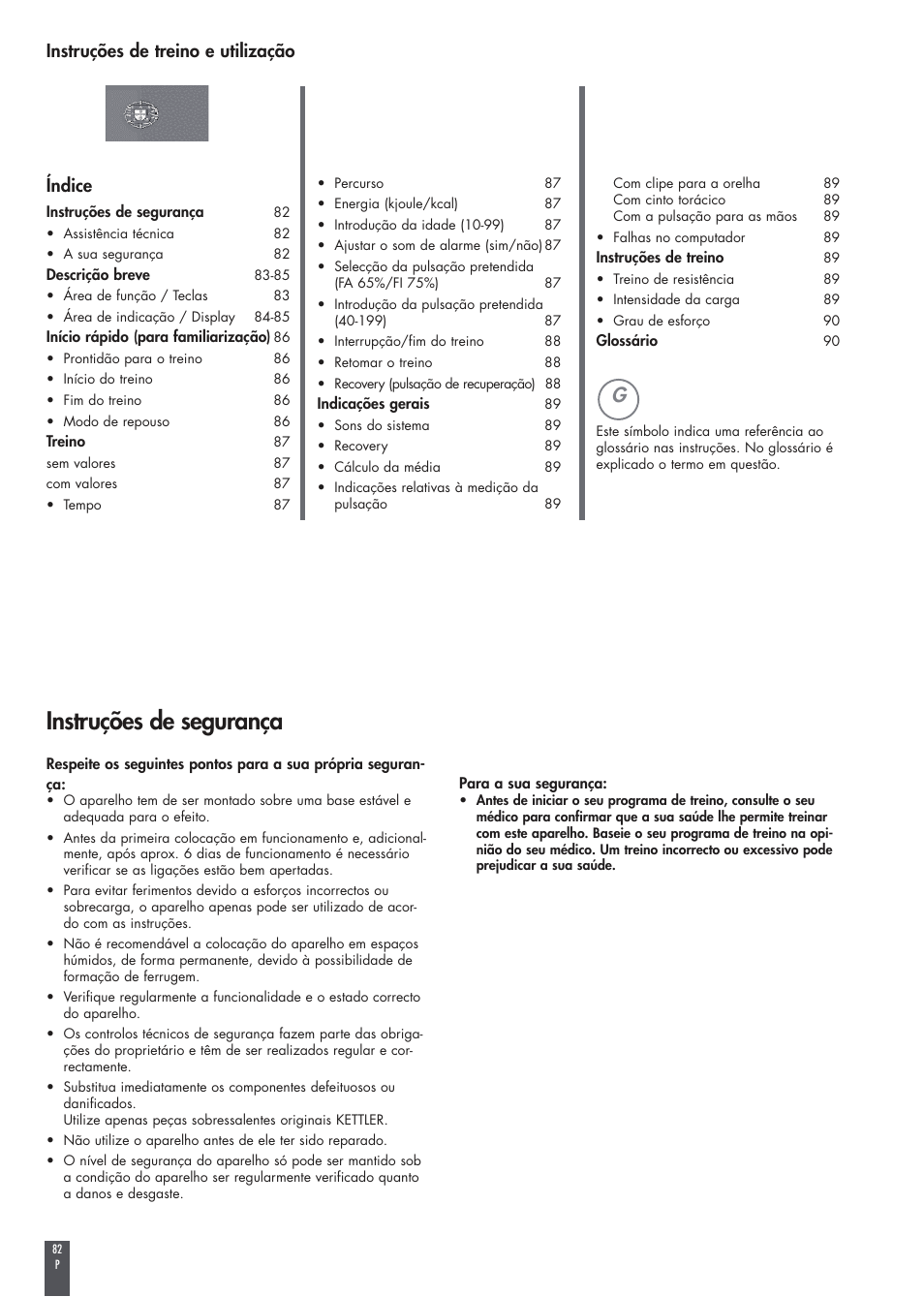 Instruções de segurança, Instruções de treino e utilização, Índice | Kettler FB600 User Manual | Page 82 / 144