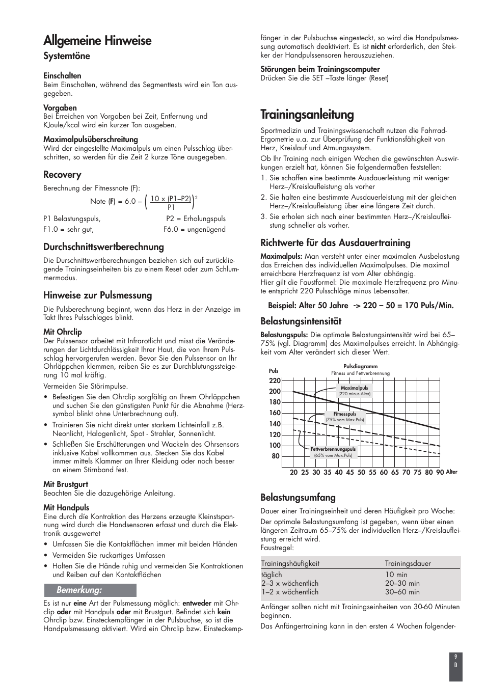 Allgemeine hinweise, Trainingsanleitung, Systemtöne | Recovery, Durchschnittswertberechnung, Hinweise zur pulsmessung, Richtwerte für das ausdauertraining, Belastungsintensität, Belastungsumfang | Kettler FB600 User Manual | Page 9 / 144