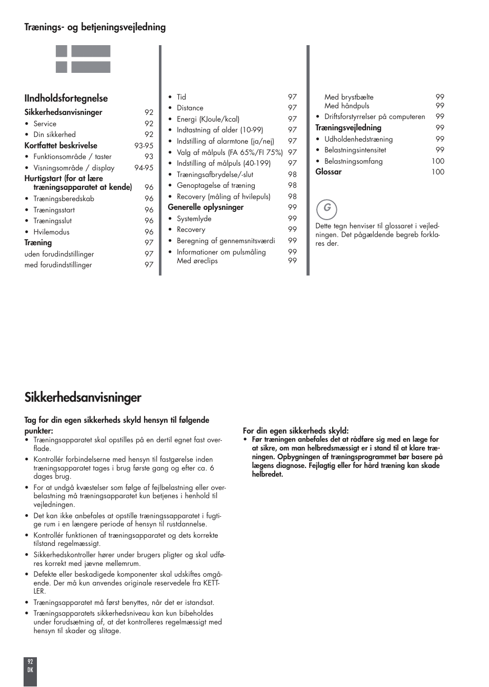 Sikkerhedsanvisninger, Trænings- og betjeningsvejledning, Iindholdsfortegnelse | Kettler FB600 User Manual | Page 92 / 144