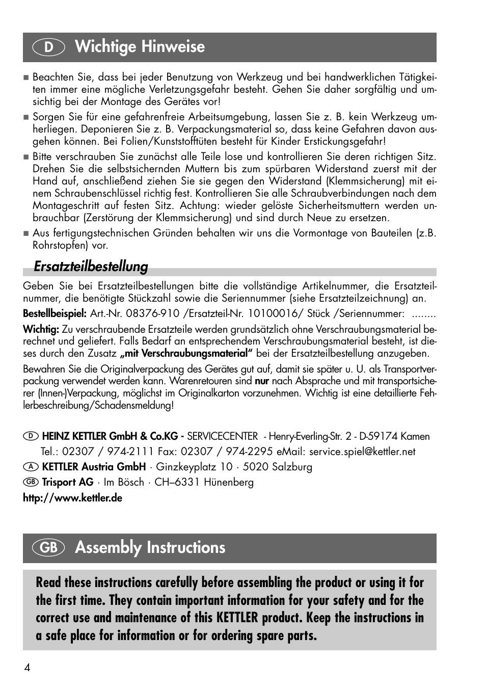 Assembly instructions, Wichtige hinweise, Ersatzteilbestellung | Kettler 08376-910 User Manual | Page 2 / 10