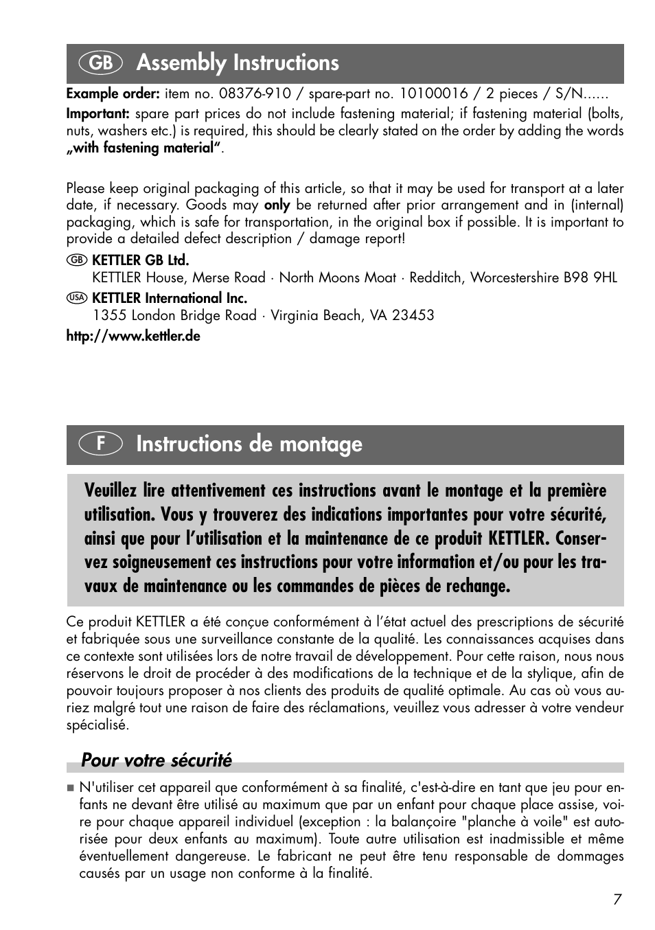 Assembly instructions, Instructions de montage, Pour votre sécurité | Kettler 08376-910 User Manual | Page 5 / 10